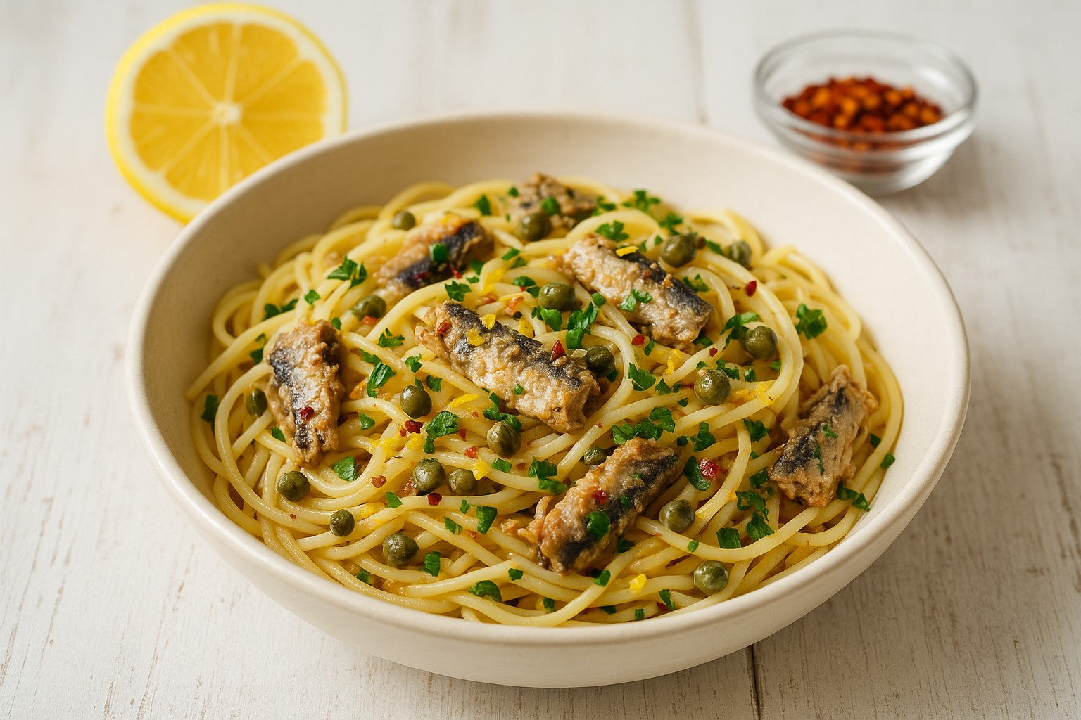 Portugališkų sardinių makaronai su citrina, kaparėliais ir čili pipirais